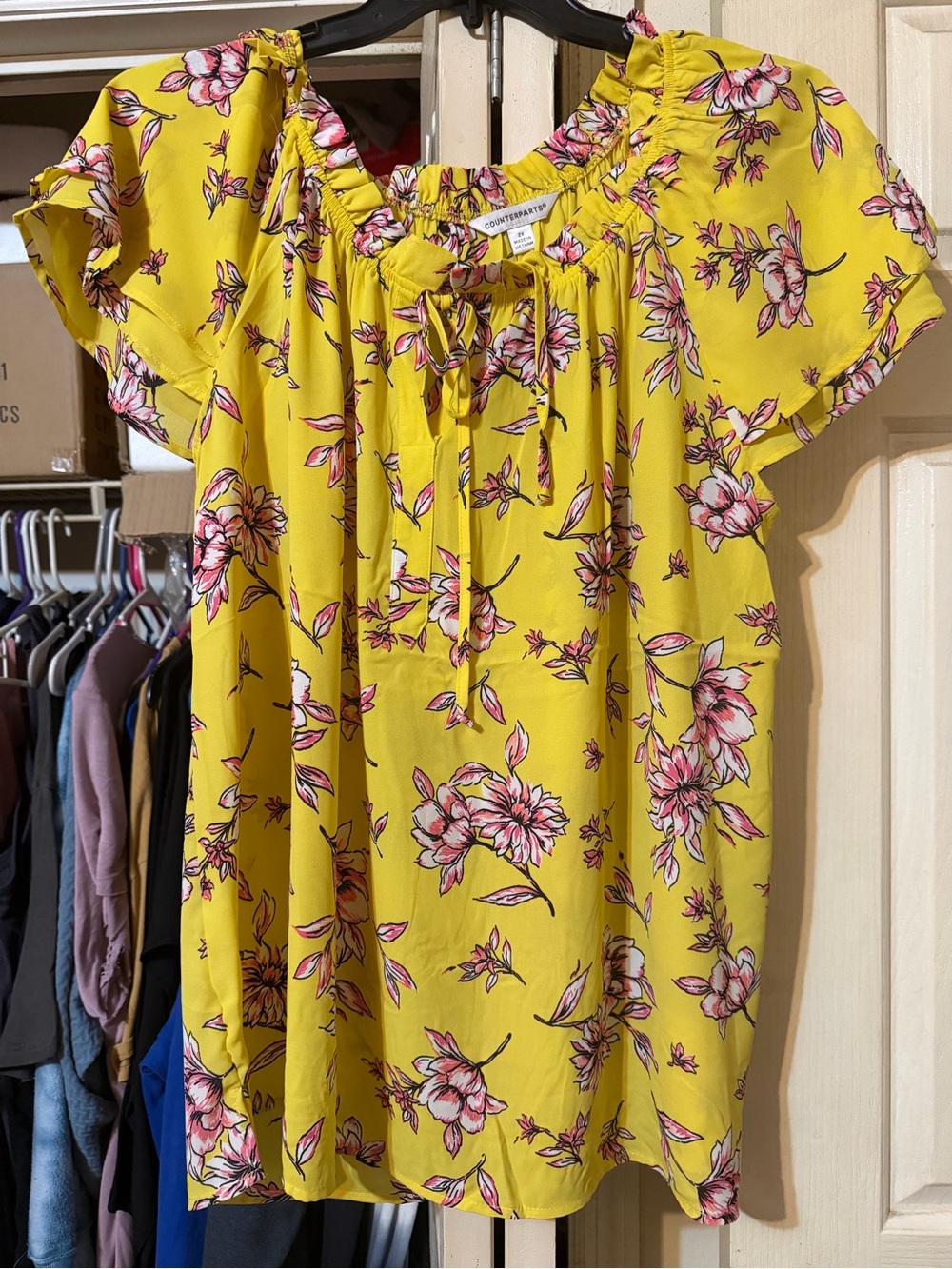 Counterparts Bright Yellow Floral Tie-Neck Peasant Top